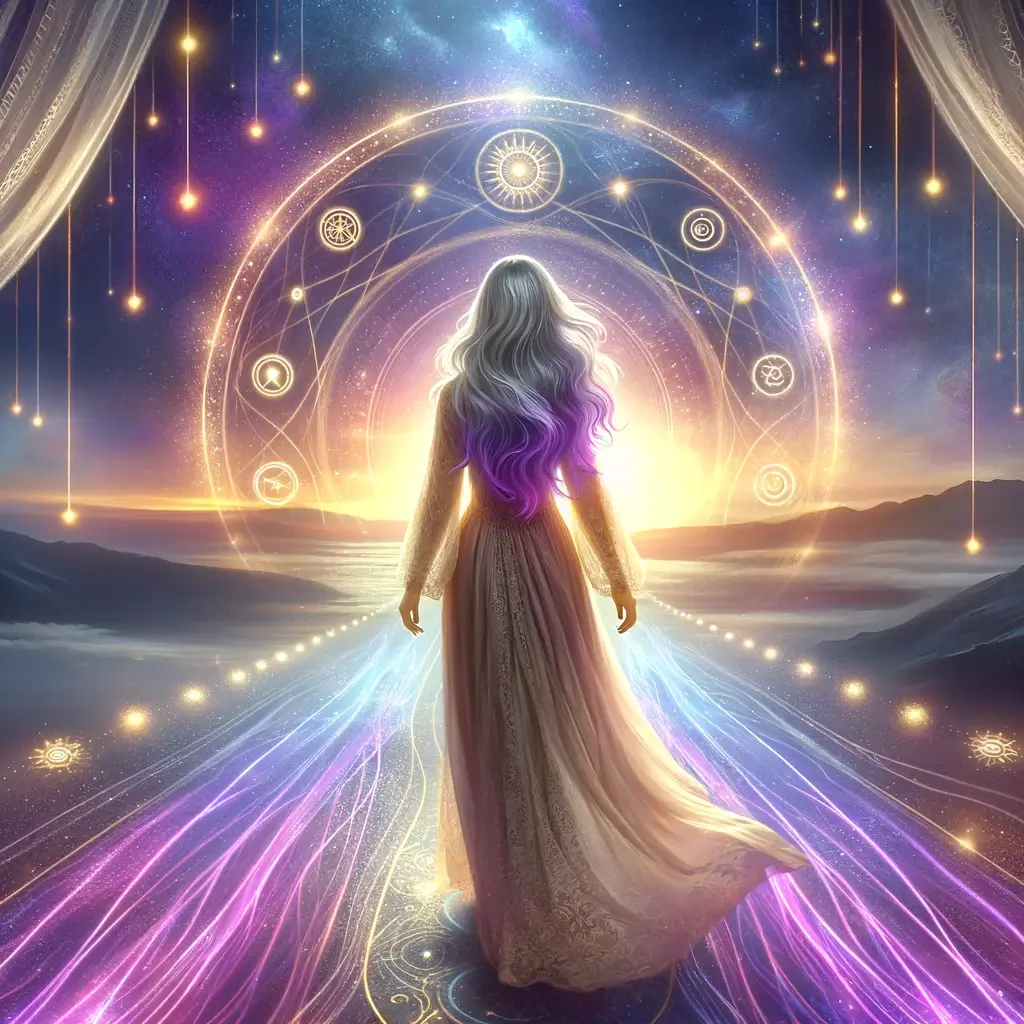 A serene woman with silver and purple hair walking down a glowing mystical path in a celestial setting, symbolising spirit guide readings.